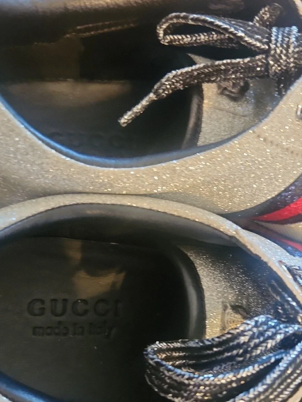 Gucci Silver Glitter Men's Low-Top Sneakers with Black & Red Stripe